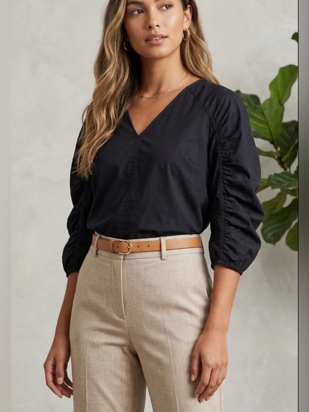 LOFT Elegant Black Ruched Sleeve Blouse